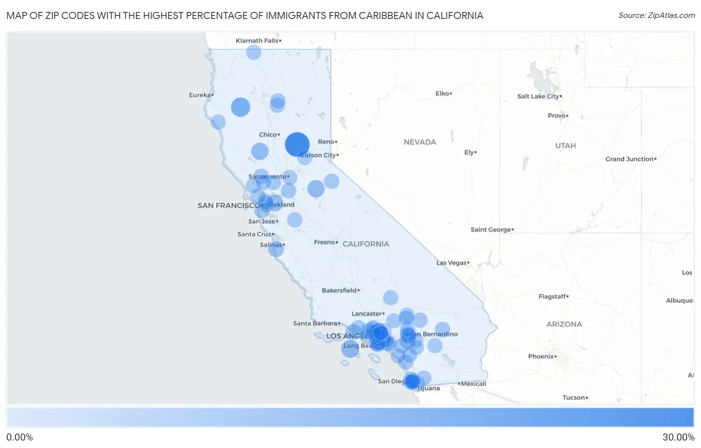 Zip Codes with the Highest Percentage of Immigrants from Caribbean in California Map