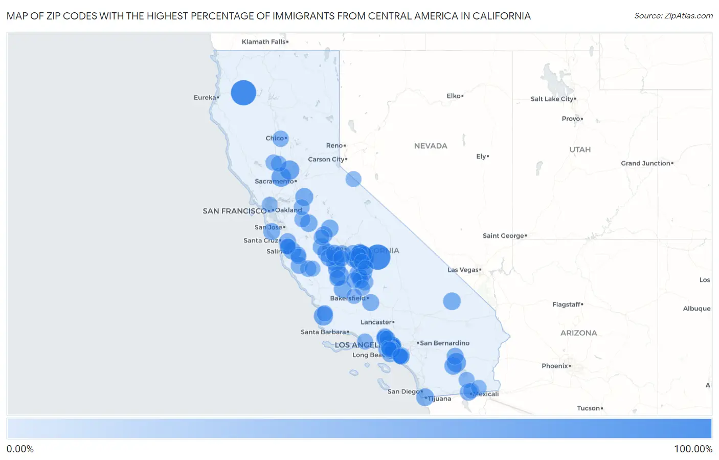 Zip Codes with the Highest Percentage of Immigrants from Central America in California Map