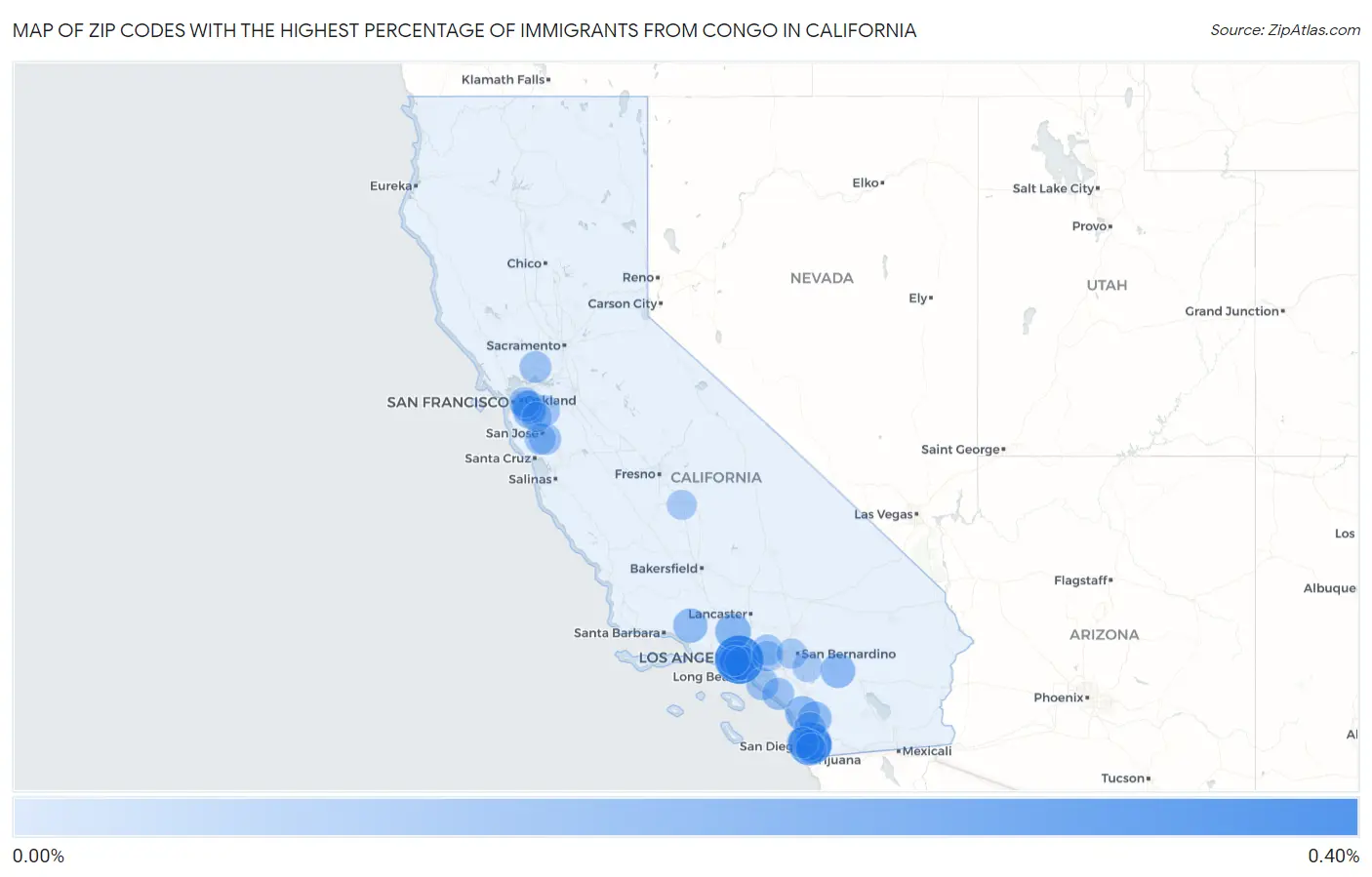 Zip Codes with the Highest Percentage of Immigrants from Congo in California Map