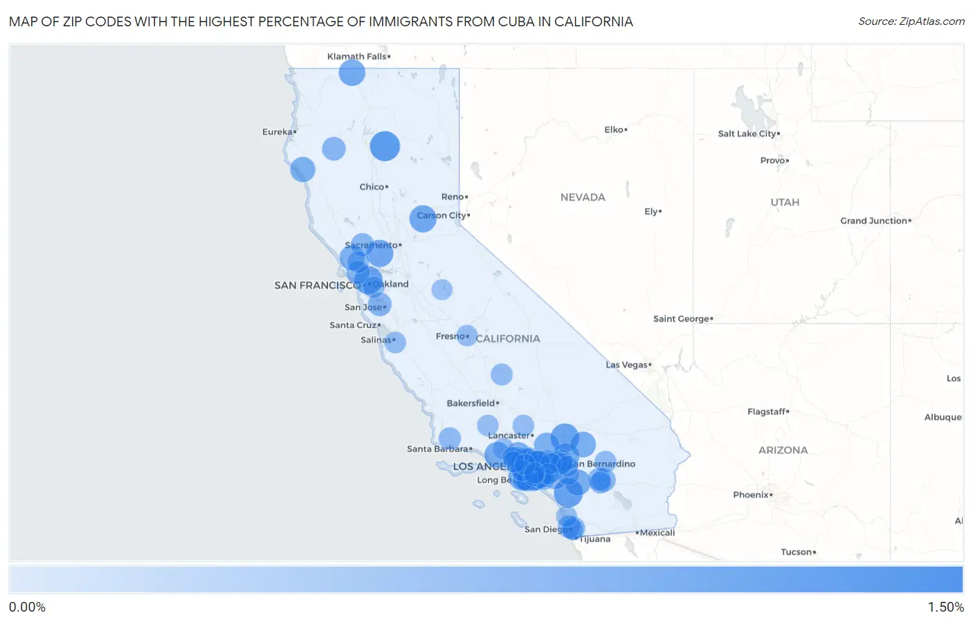 Zip Codes with the Highest Percentage of Immigrants from Cuba in California Map