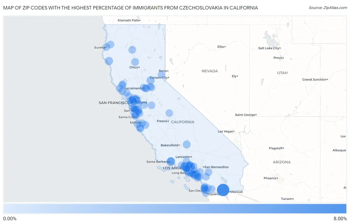 Zip Codes with the Highest Percentage of Immigrants from Czechoslovakia in California Map