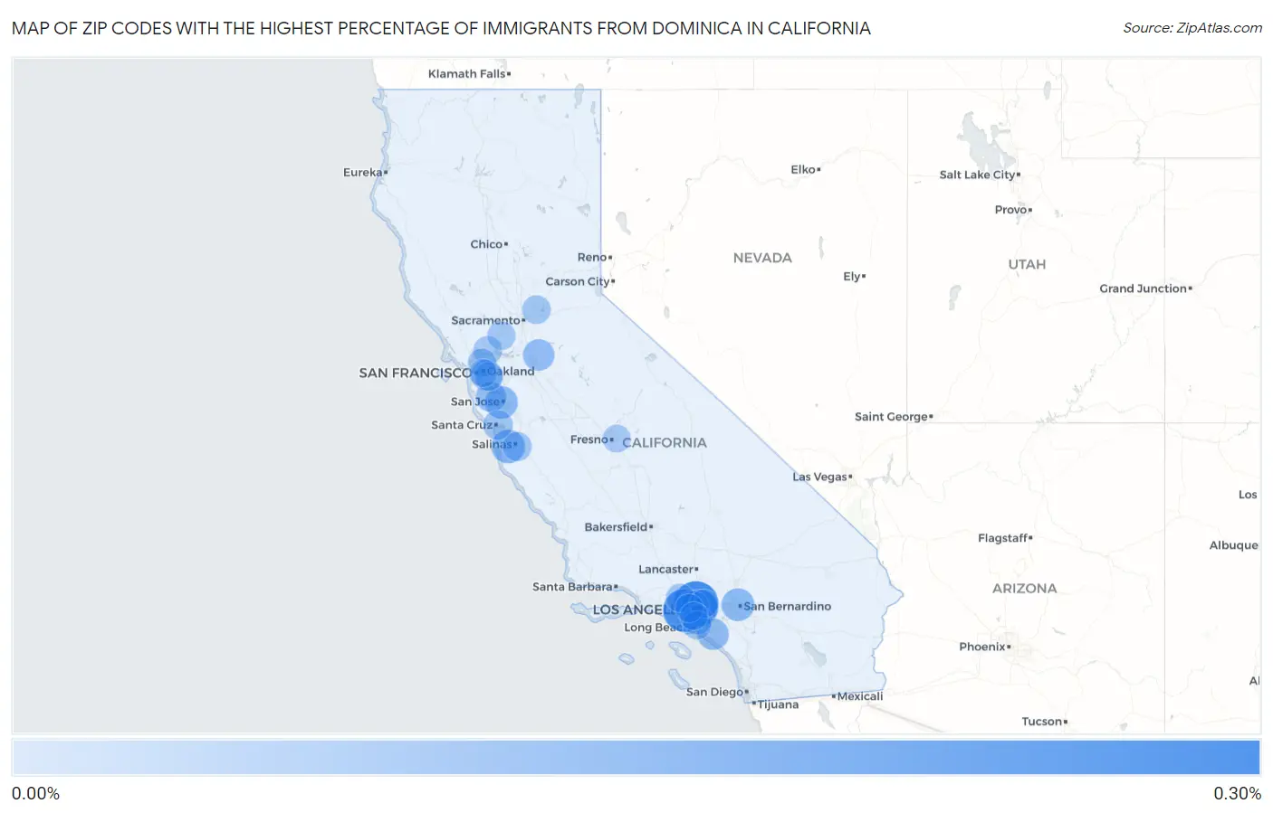 Zip Codes with the Highest Percentage of Immigrants from Dominica in California Map