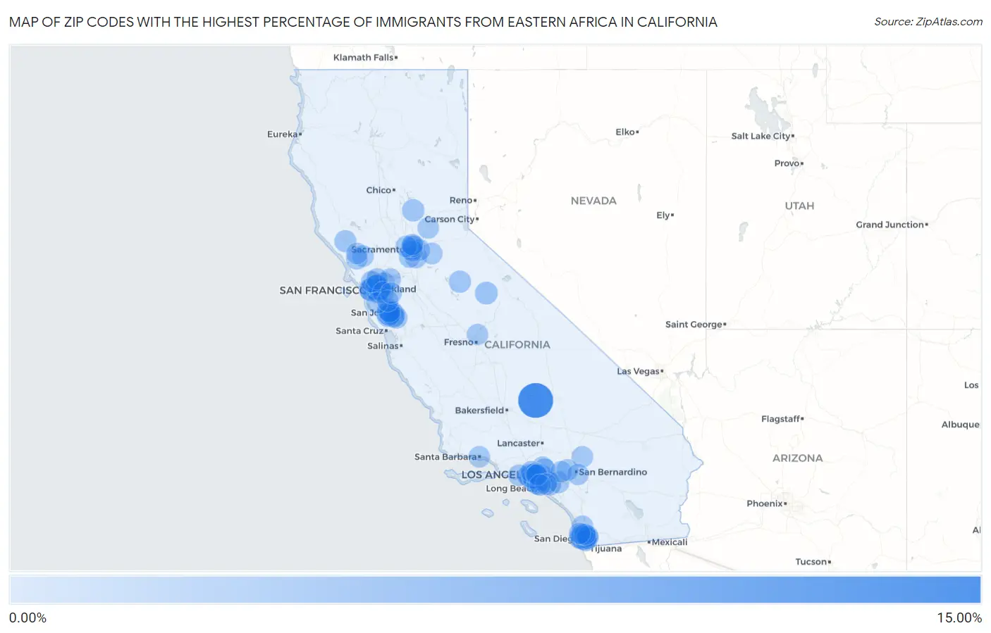 Zip Codes with the Highest Percentage of Immigrants from Eastern Africa in California Map