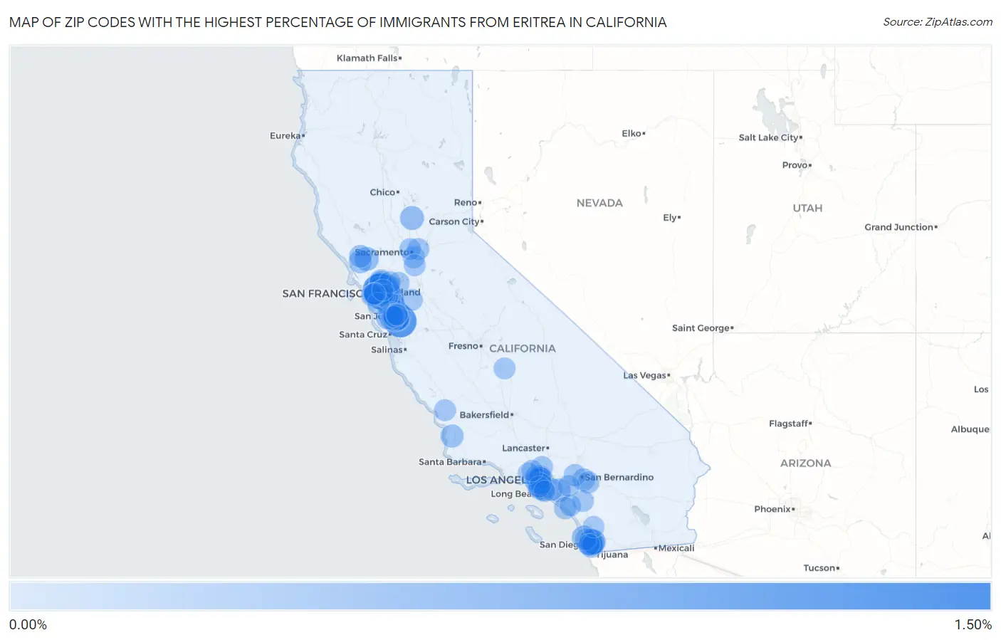 Zip Codes with the Highest Percentage of Immigrants from Eritrea in California Map