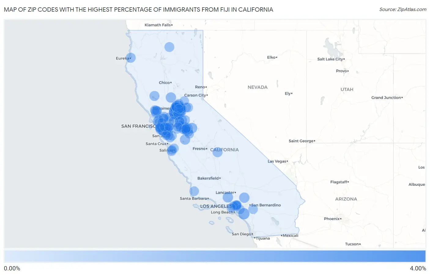 Zip Codes with the Highest Percentage of Immigrants from Fiji in California Map