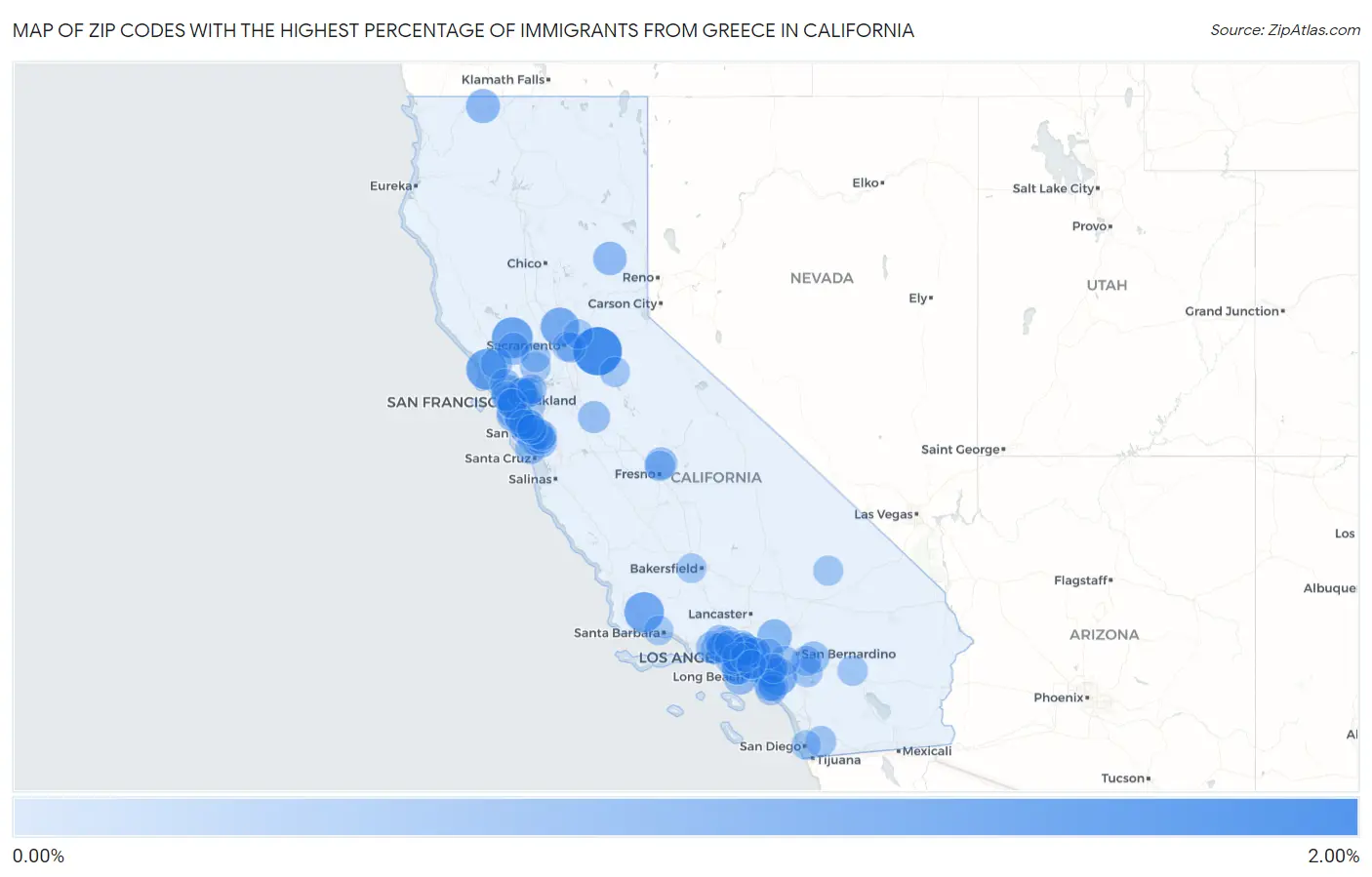 Zip Codes with the Highest Percentage of Immigrants from Greece in California Map