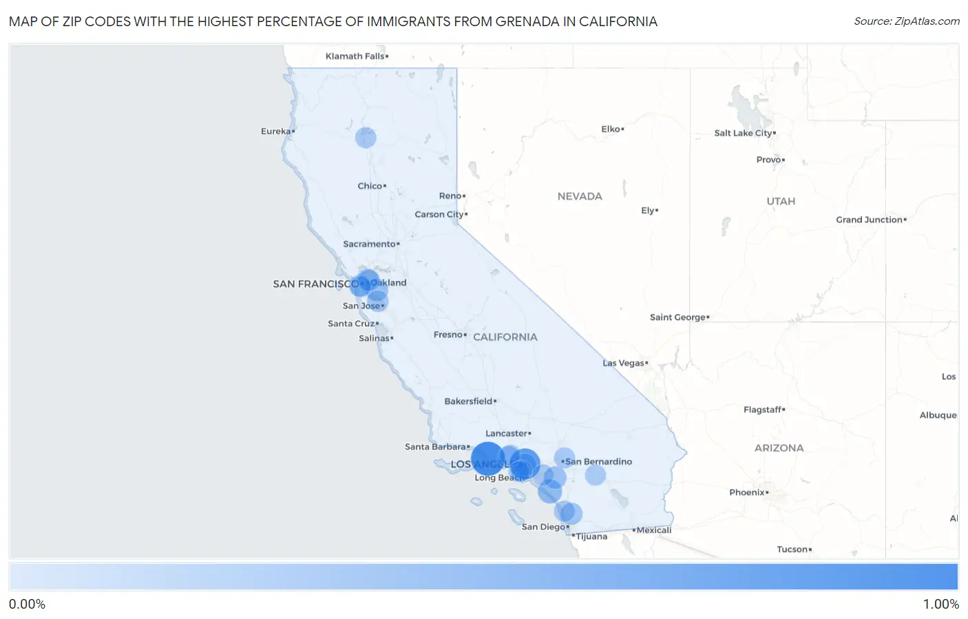 Zip Codes with the Highest Percentage of Immigrants from Grenada in California Map