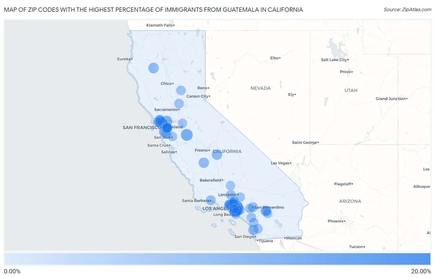 Zip Codes with the Highest Percentage of Immigrants from Guatemala in California Map