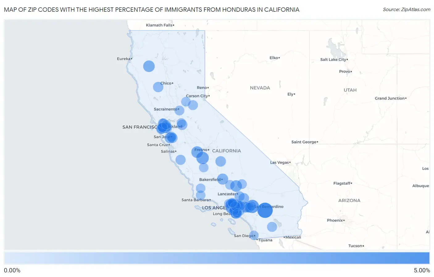 Zip Codes with the Highest Percentage of Immigrants from Honduras in California Map