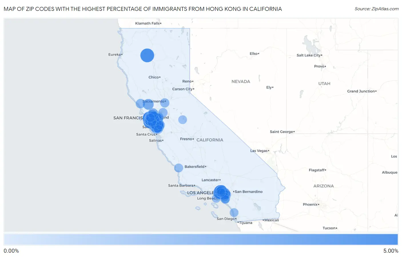 Zip Codes with the Highest Percentage of Immigrants from Hong Kong in California Map