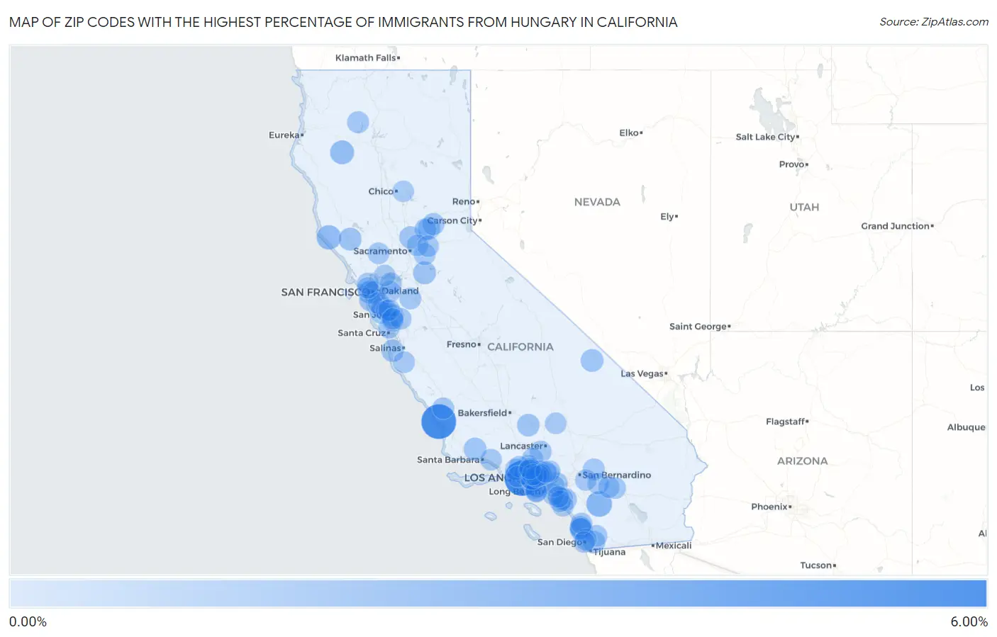Zip Codes with the Highest Percentage of Immigrants from Hungary in California Map