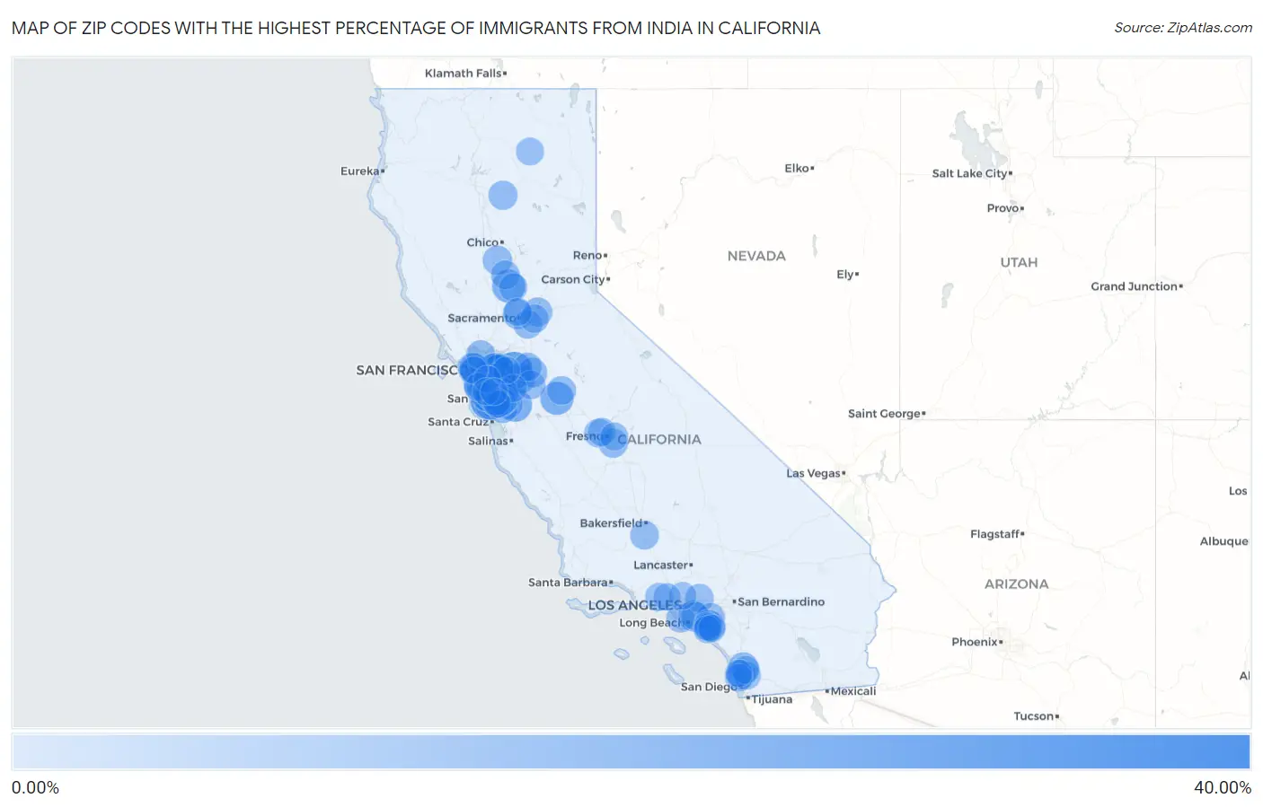 Zip Codes with the Highest Percentage of Immigrants from India in California Map