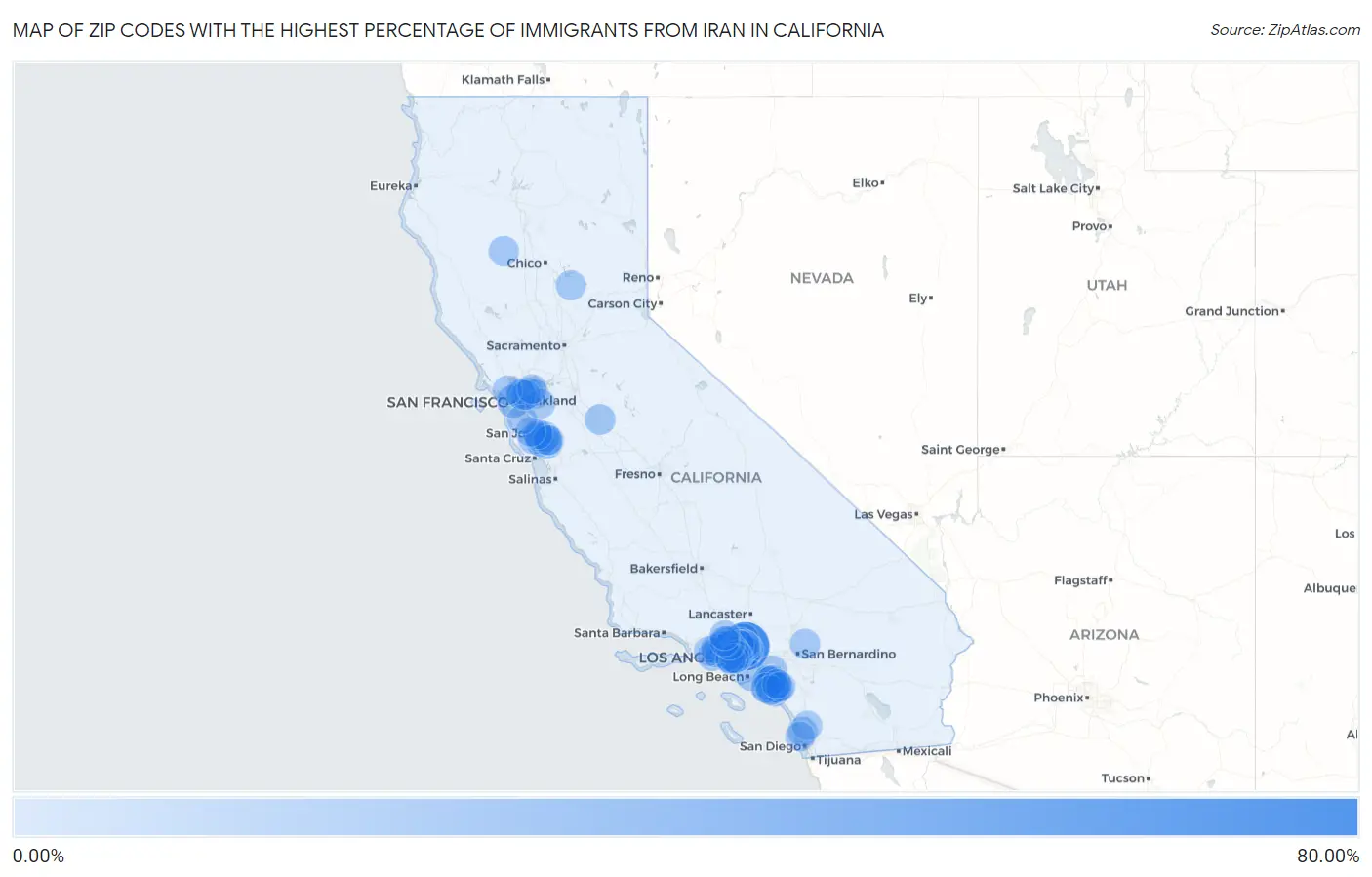 Zip Codes with the Highest Percentage of Immigrants from Iran in California Map