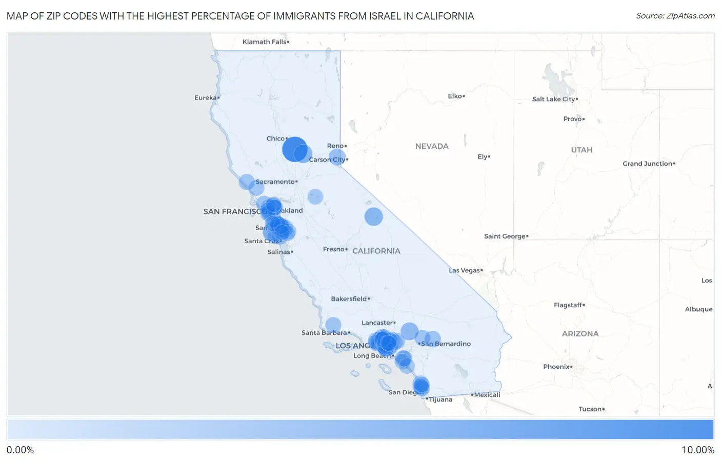 Zip Codes with the Highest Percentage of Immigrants from Israel in California Map