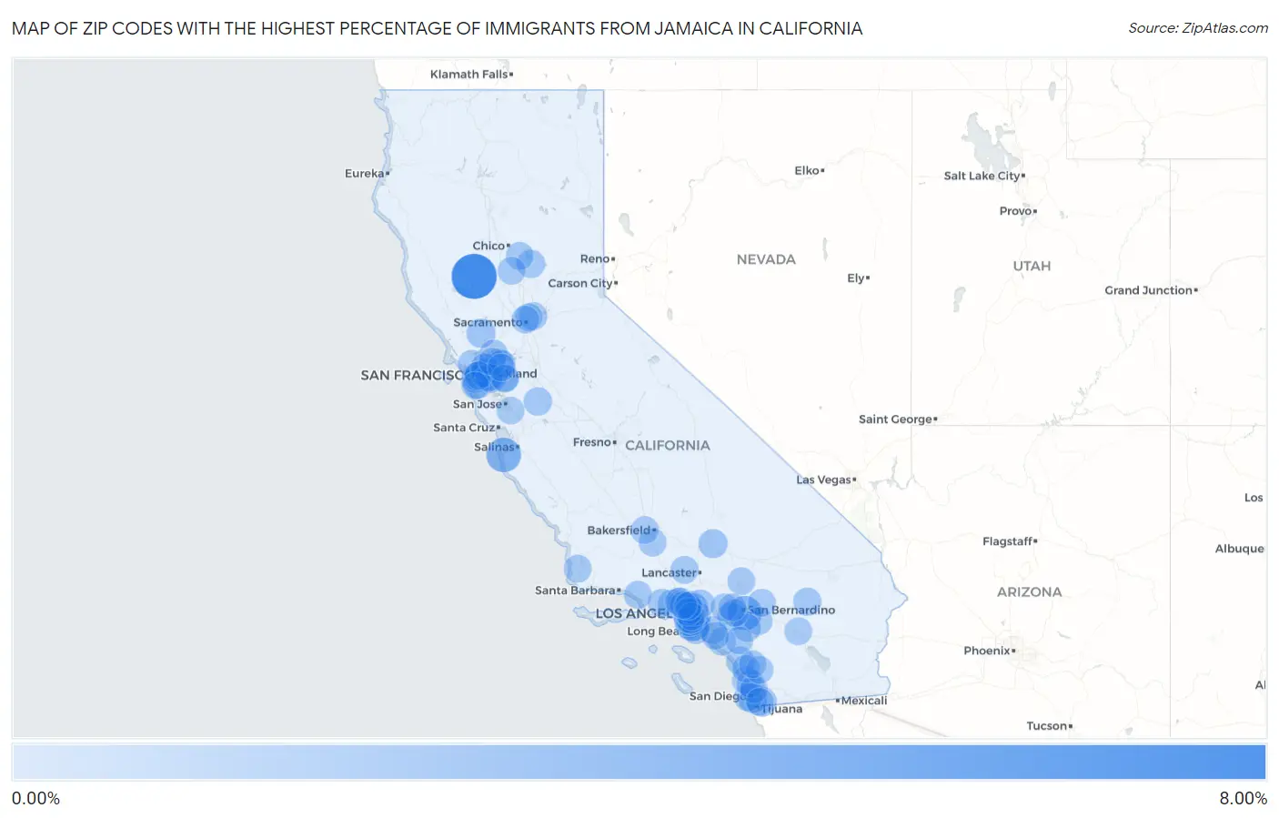 Zip Codes with the Highest Percentage of Immigrants from Jamaica in California Map