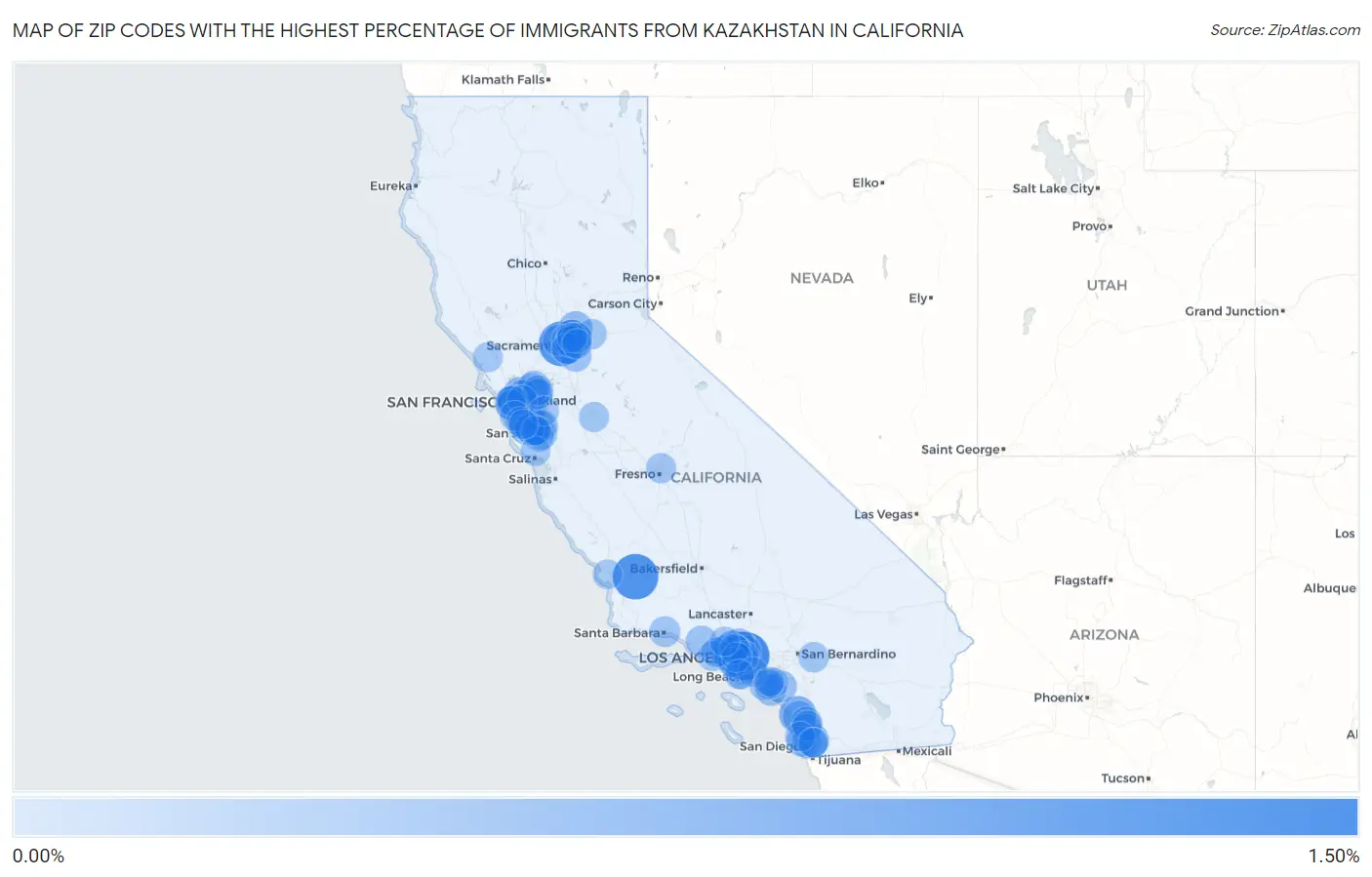 Zip Codes with the Highest Percentage of Immigrants from Kazakhstan in California Map