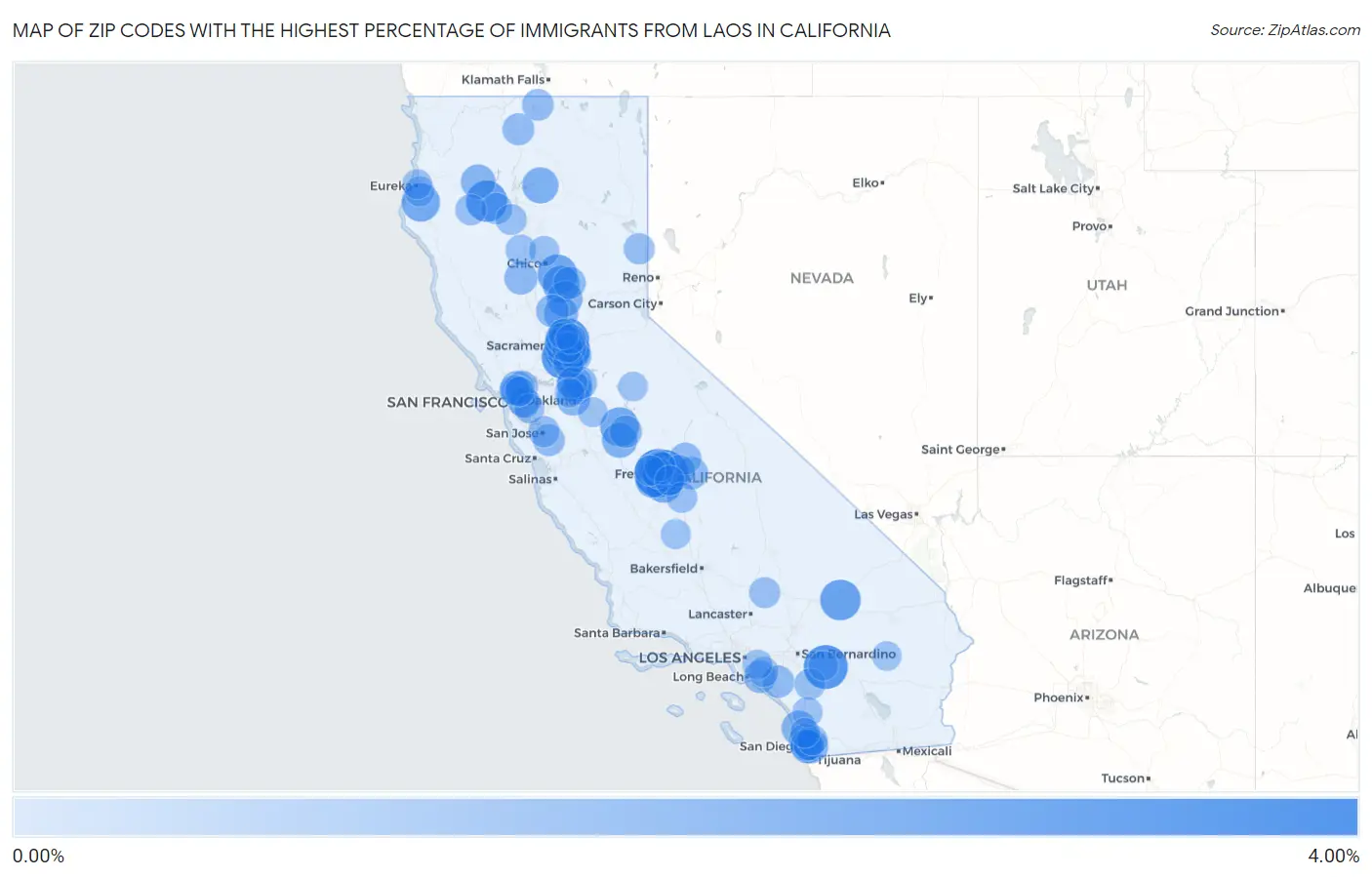Zip Codes with the Highest Percentage of Immigrants from Laos in California Map