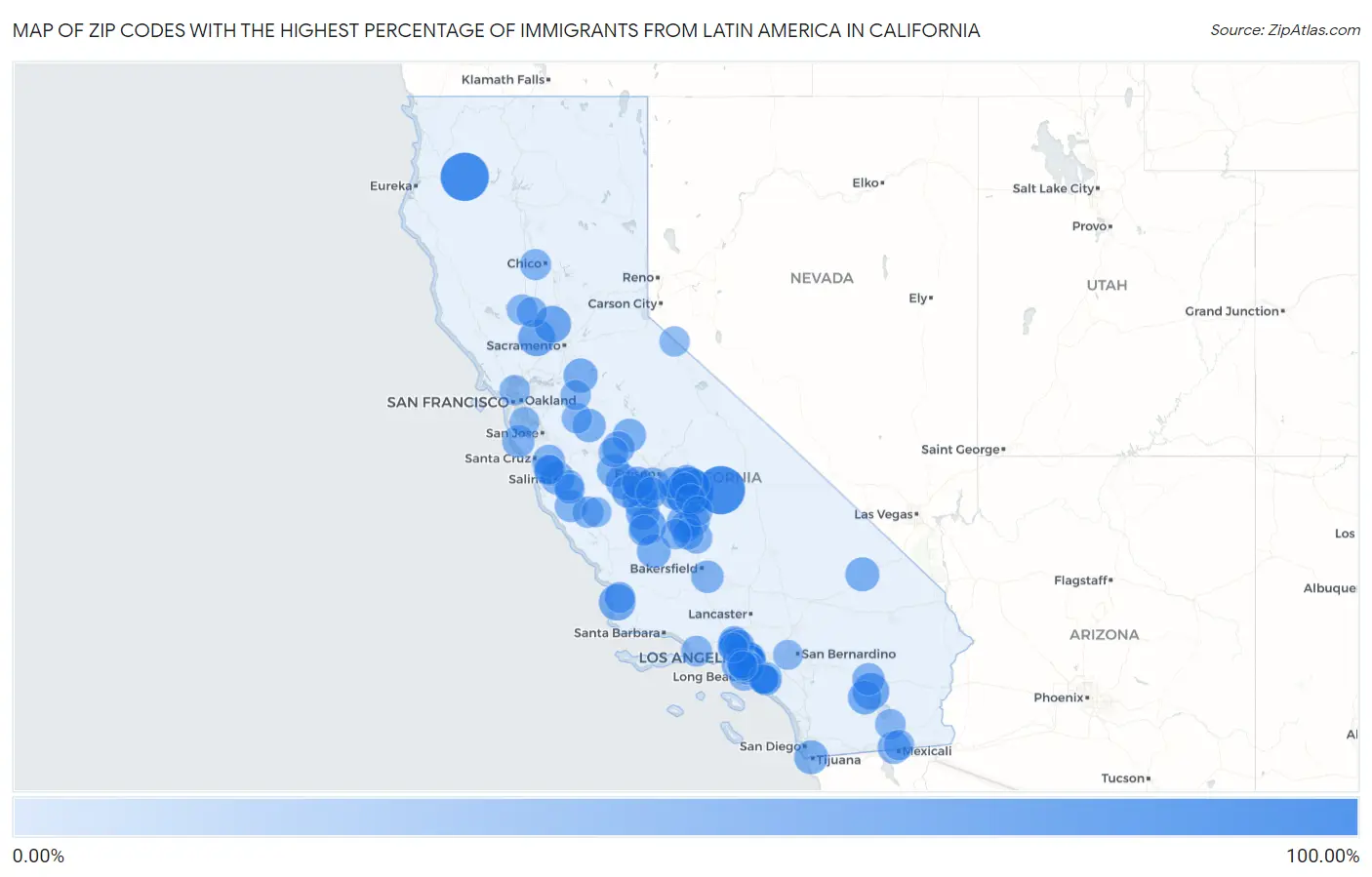 Zip Codes with the Highest Percentage of Immigrants from Latin America in California Map