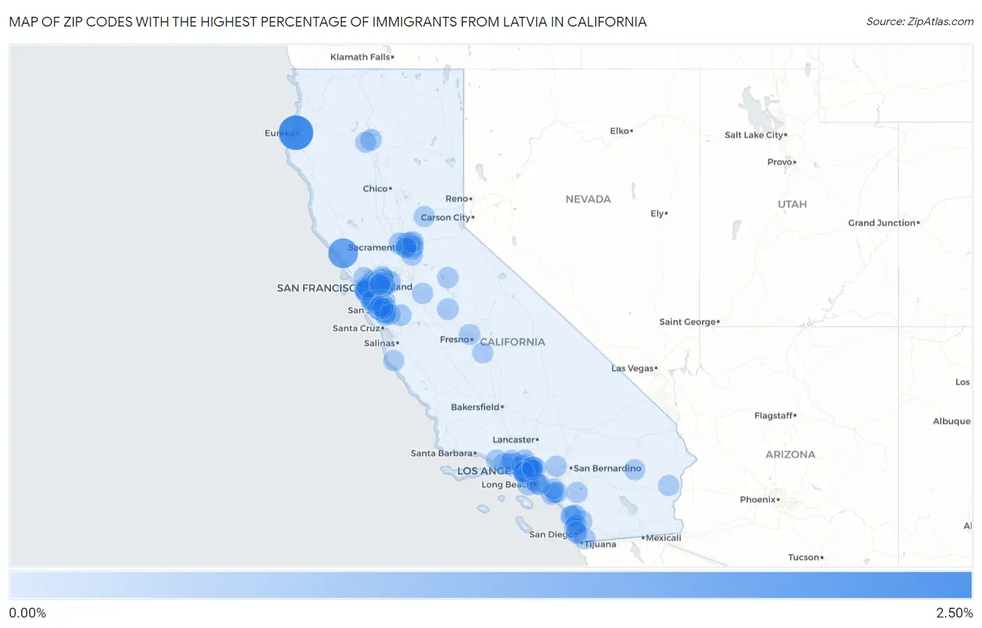 Zip Codes with the Highest Percentage of Immigrants from Latvia in California Map