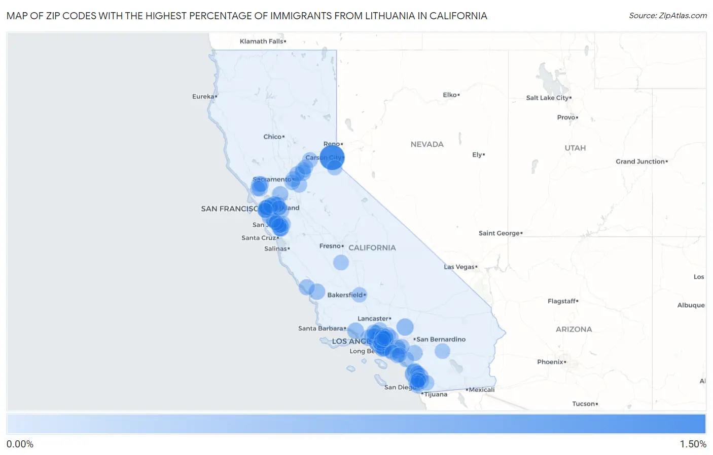 Zip Codes with the Highest Percentage of Immigrants from Lithuania in California Map