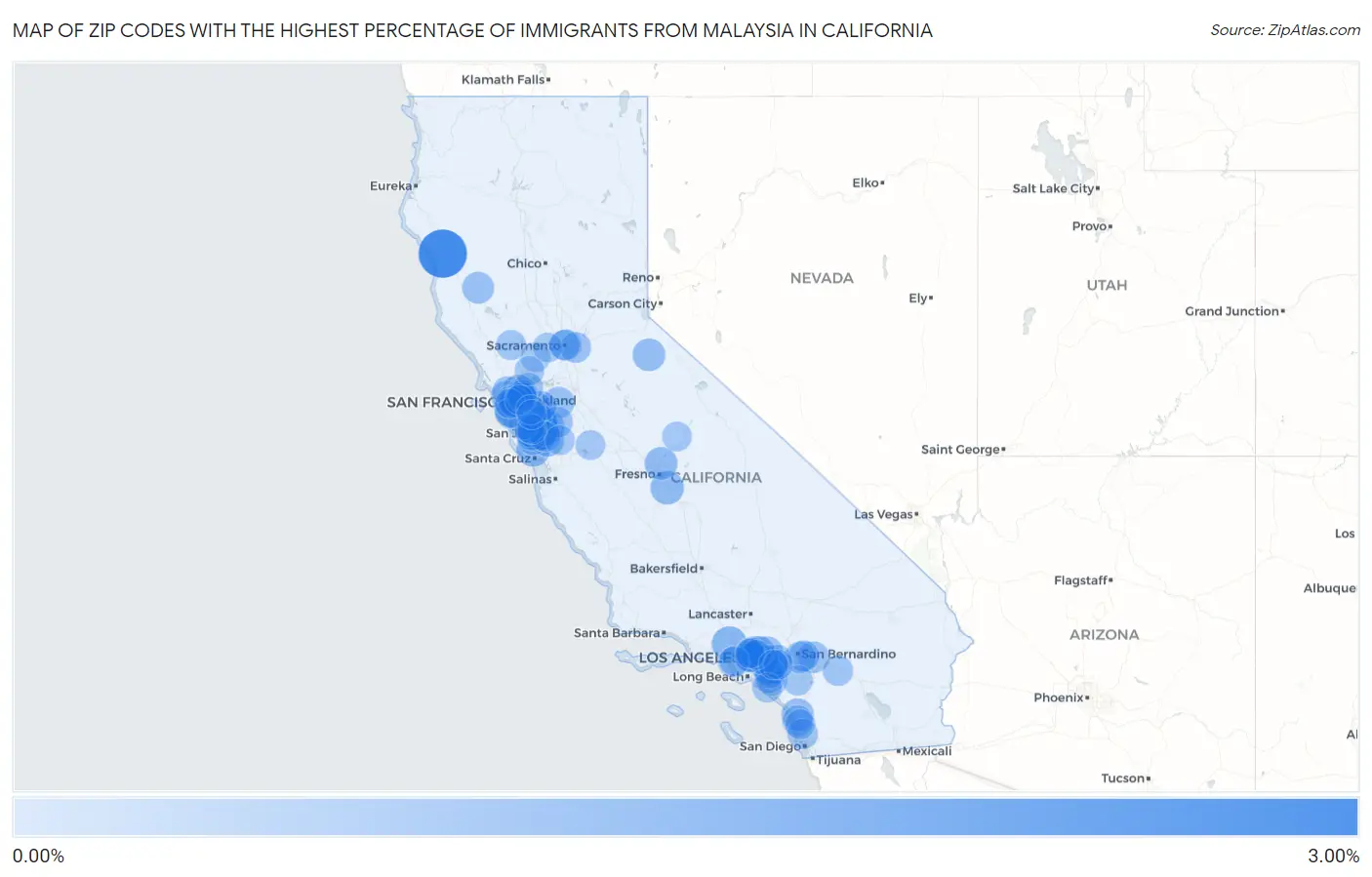 Zip Codes with the Highest Percentage of Immigrants from Malaysia in California Map