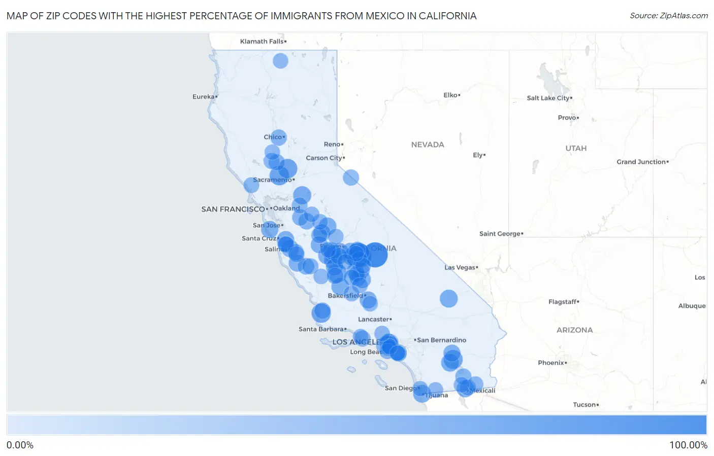 Zip Codes with the Highest Percentage of Immigrants from Mexico in California Map