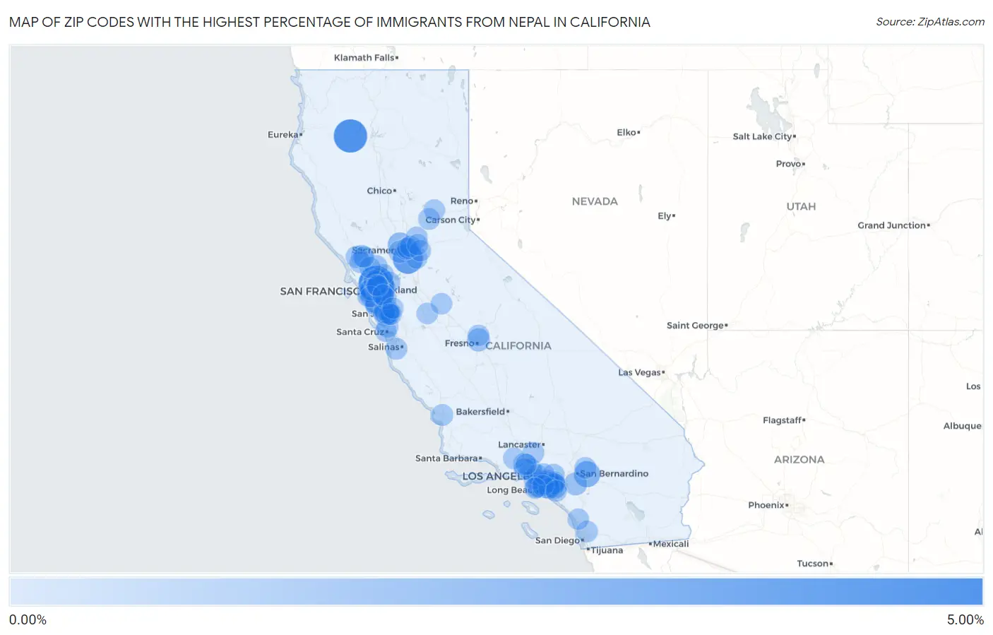 Zip Codes with the Highest Percentage of Immigrants from Nepal in California Map