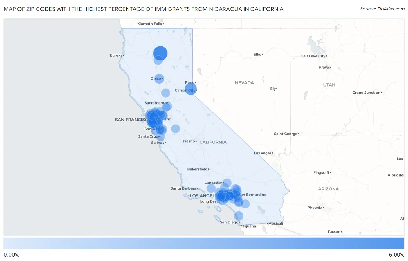 Zip Codes with the Highest Percentage of Immigrants from Nicaragua in California Map