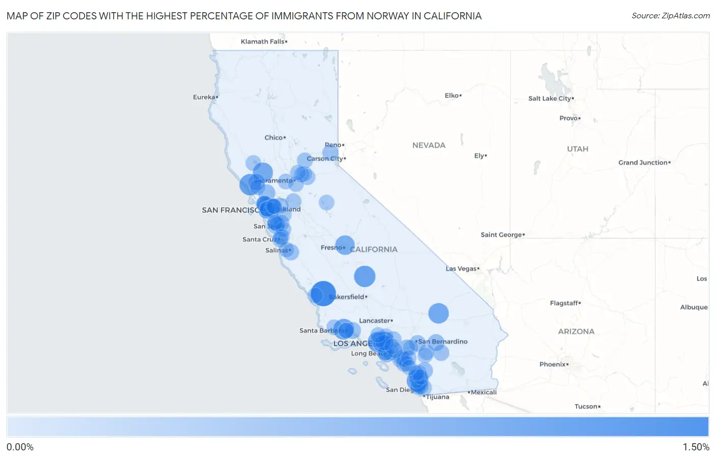 Zip Codes with the Highest Percentage of Immigrants from Norway in California Map