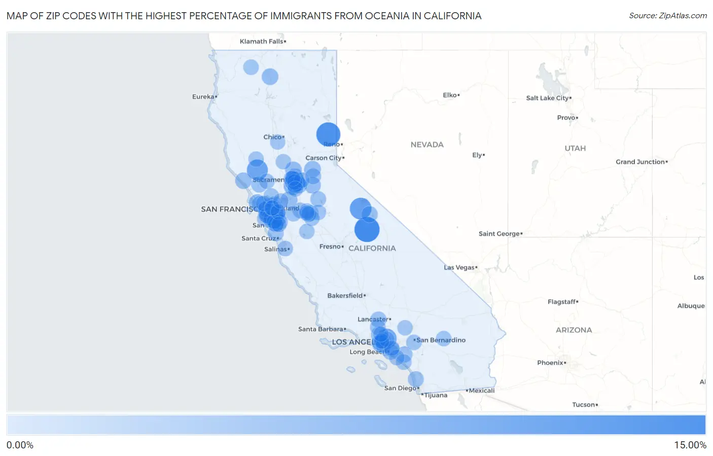 Zip Codes with the Highest Percentage of Immigrants from Oceania in California Map
