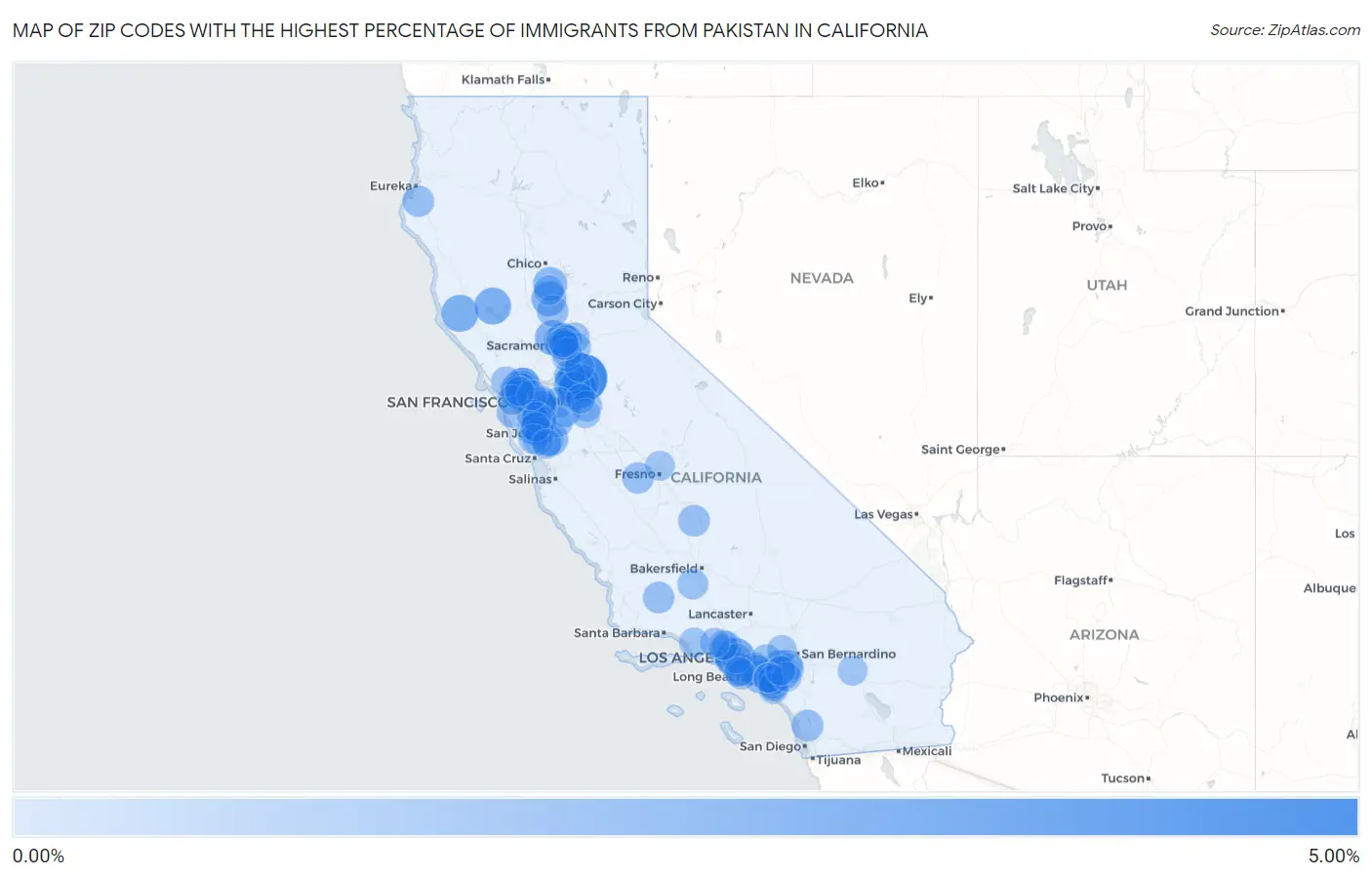Zip Codes with the Highest Percentage of Immigrants from Pakistan in California Map