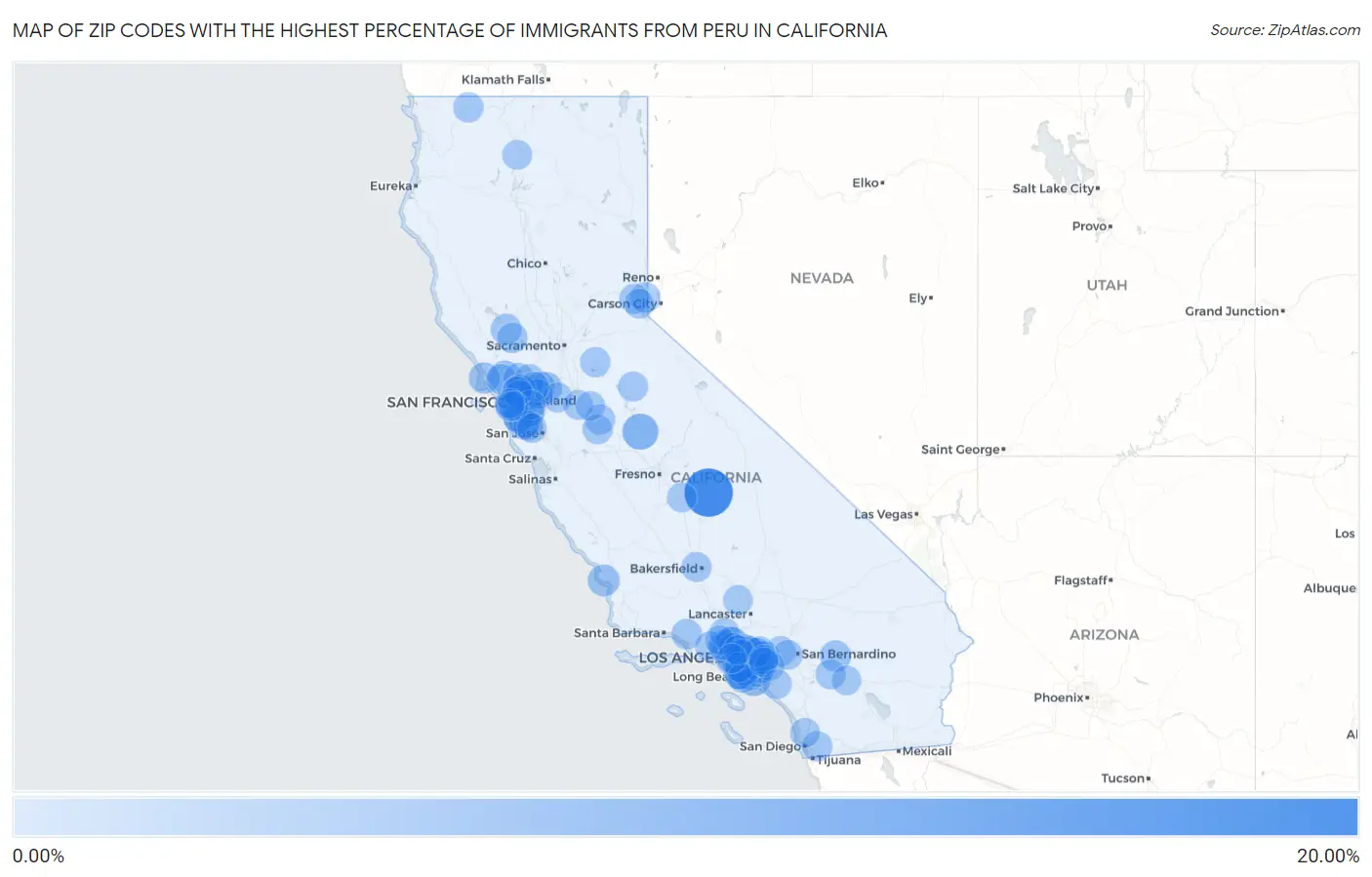 Zip Codes with the Highest Percentage of Immigrants from Peru in California Map