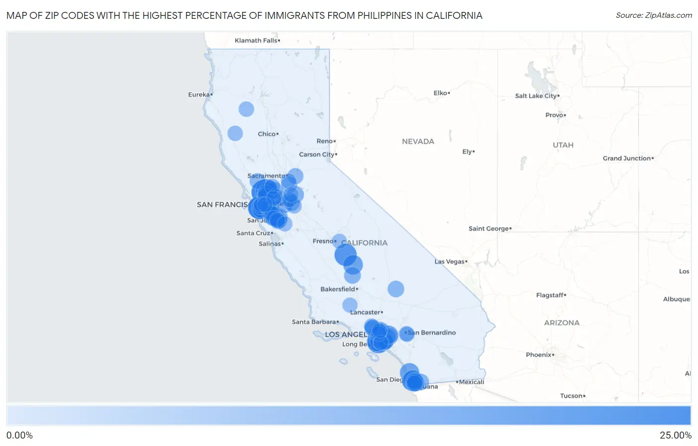 Zip Codes with the Highest Percentage of Immigrants from Philippines in California Map