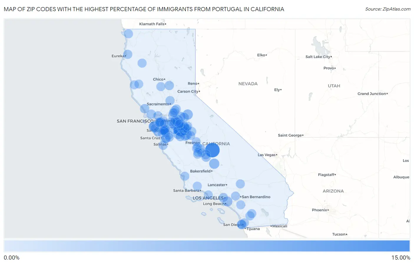 Zip Codes with the Highest Percentage of Immigrants from Portugal in California Map