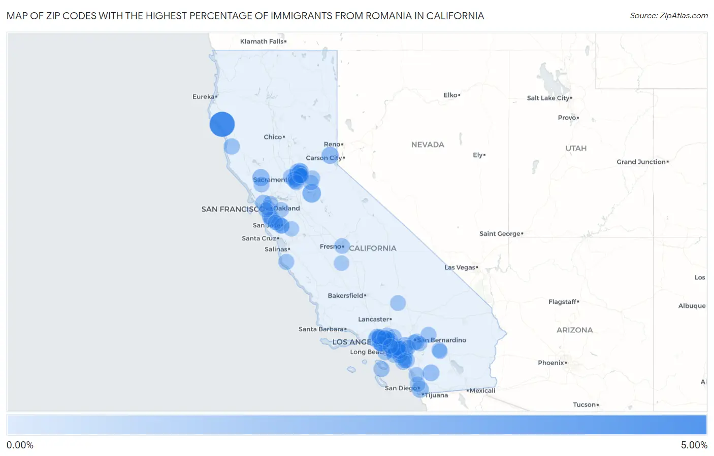 Zip Codes with the Highest Percentage of Immigrants from Romania in California Map