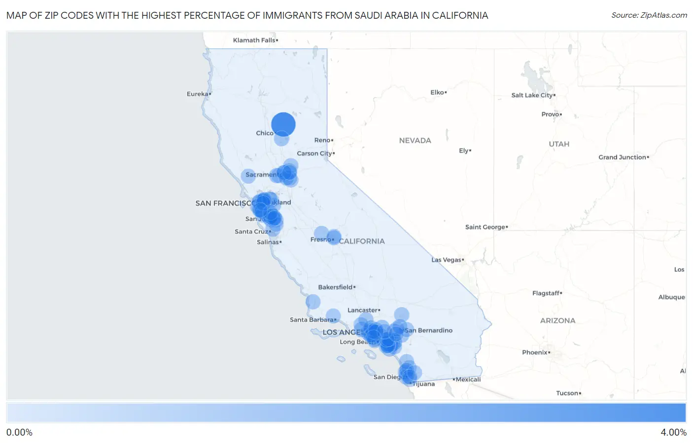 Zip Codes with the Highest Percentage of Immigrants from Saudi Arabia in California Map