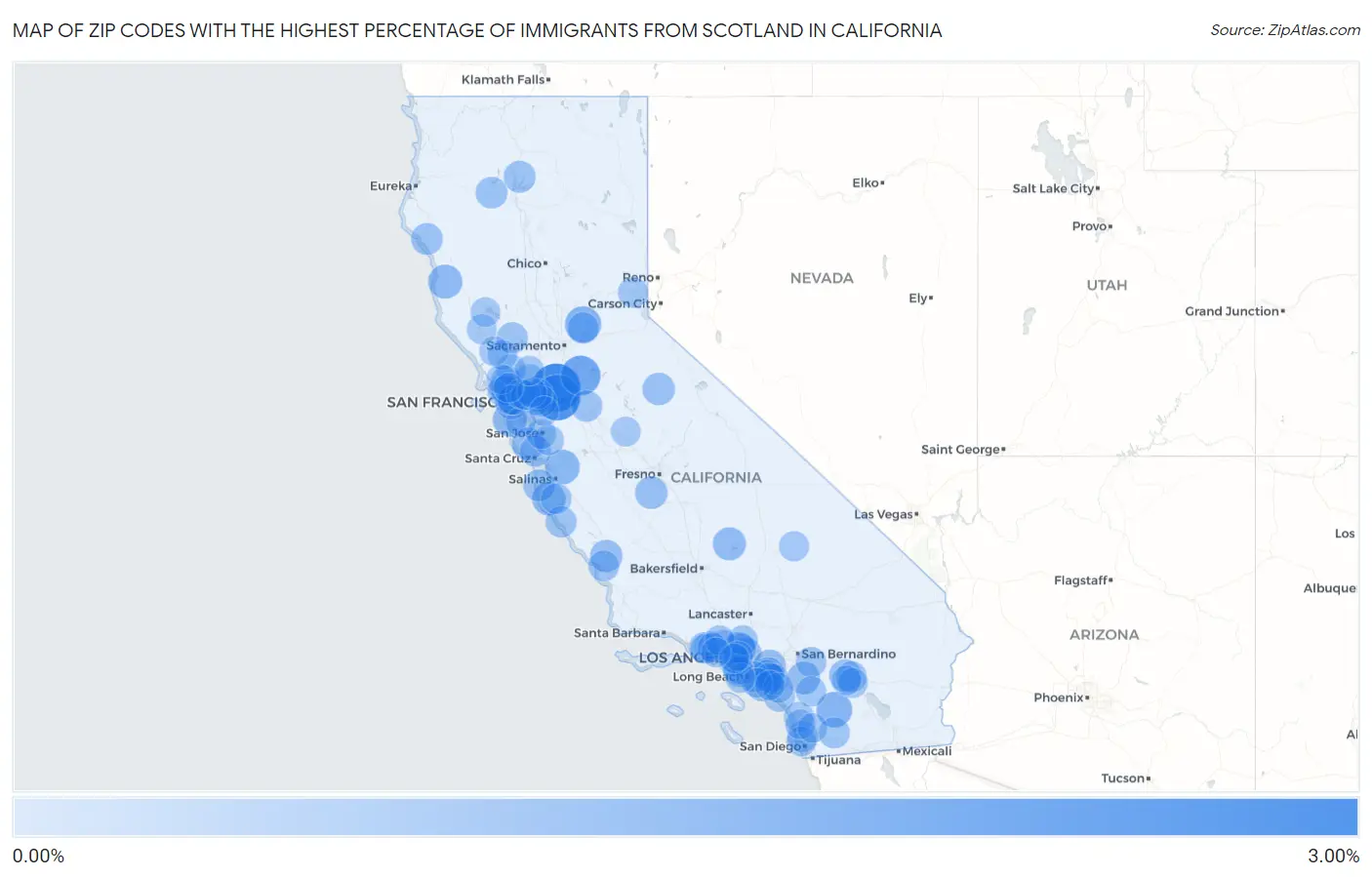 Zip Codes with the Highest Percentage of Immigrants from Scotland in California Map