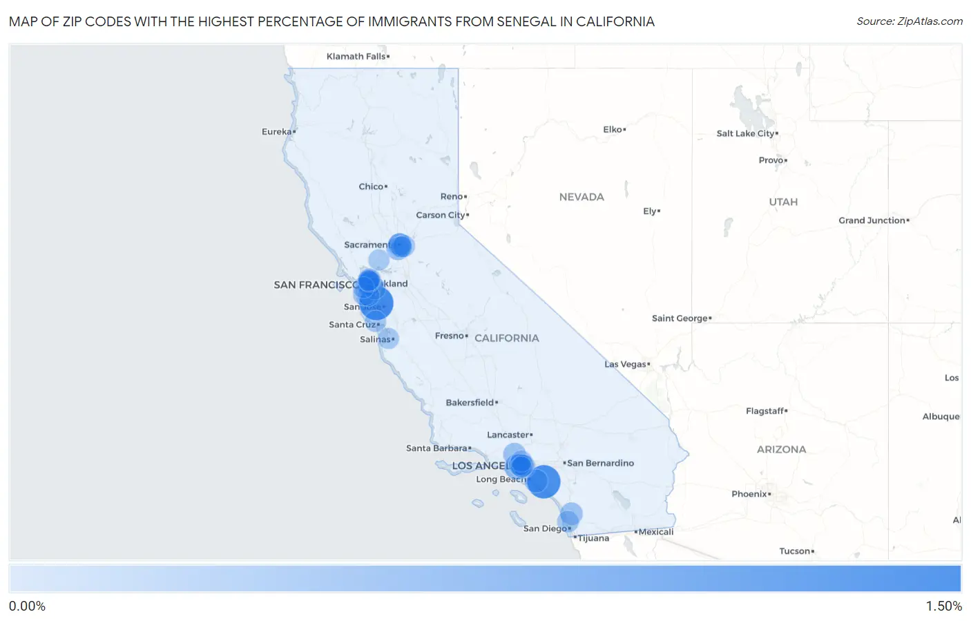 Zip Codes with the Highest Percentage of Immigrants from Senegal in California Map