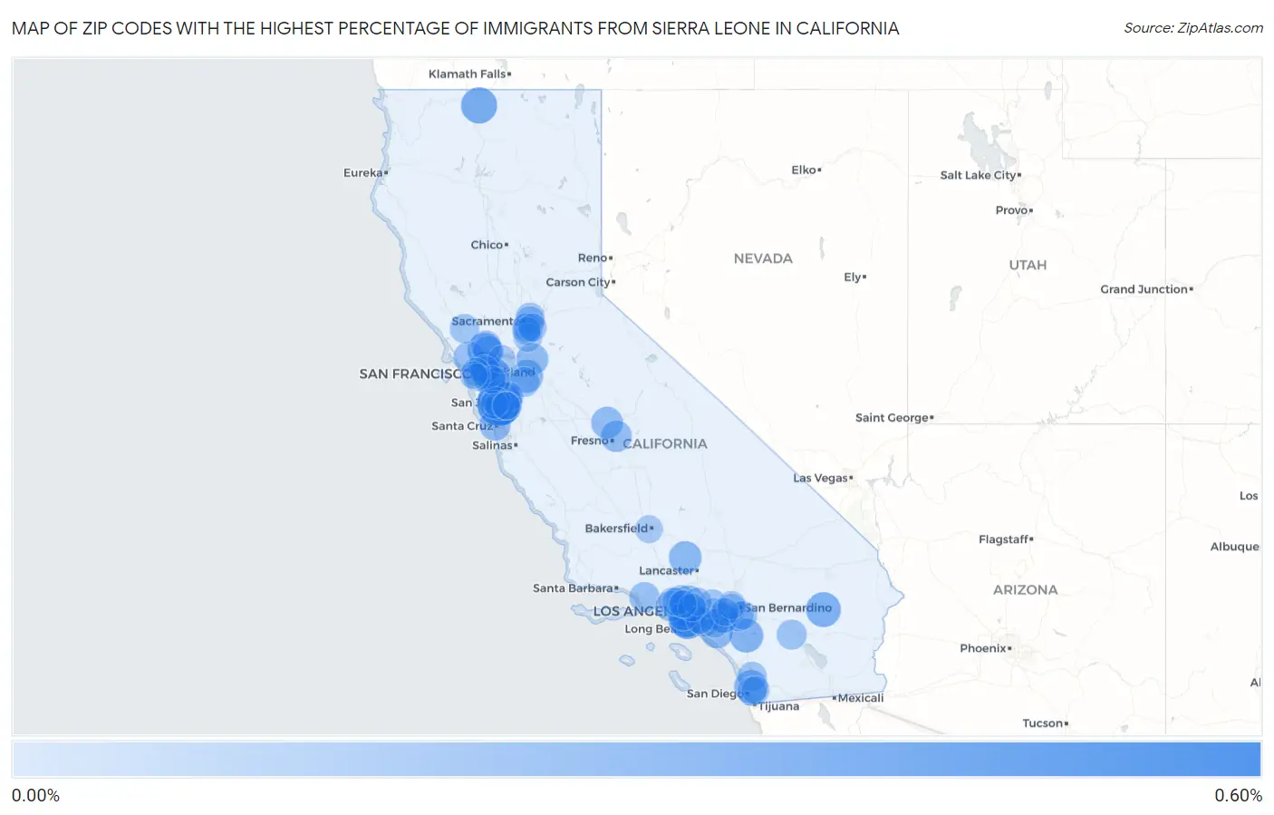Zip Codes with the Highest Percentage of Immigrants from Sierra Leone in California Map