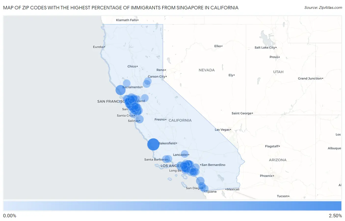 Zip Codes with the Highest Percentage of Immigrants from Singapore in California Map