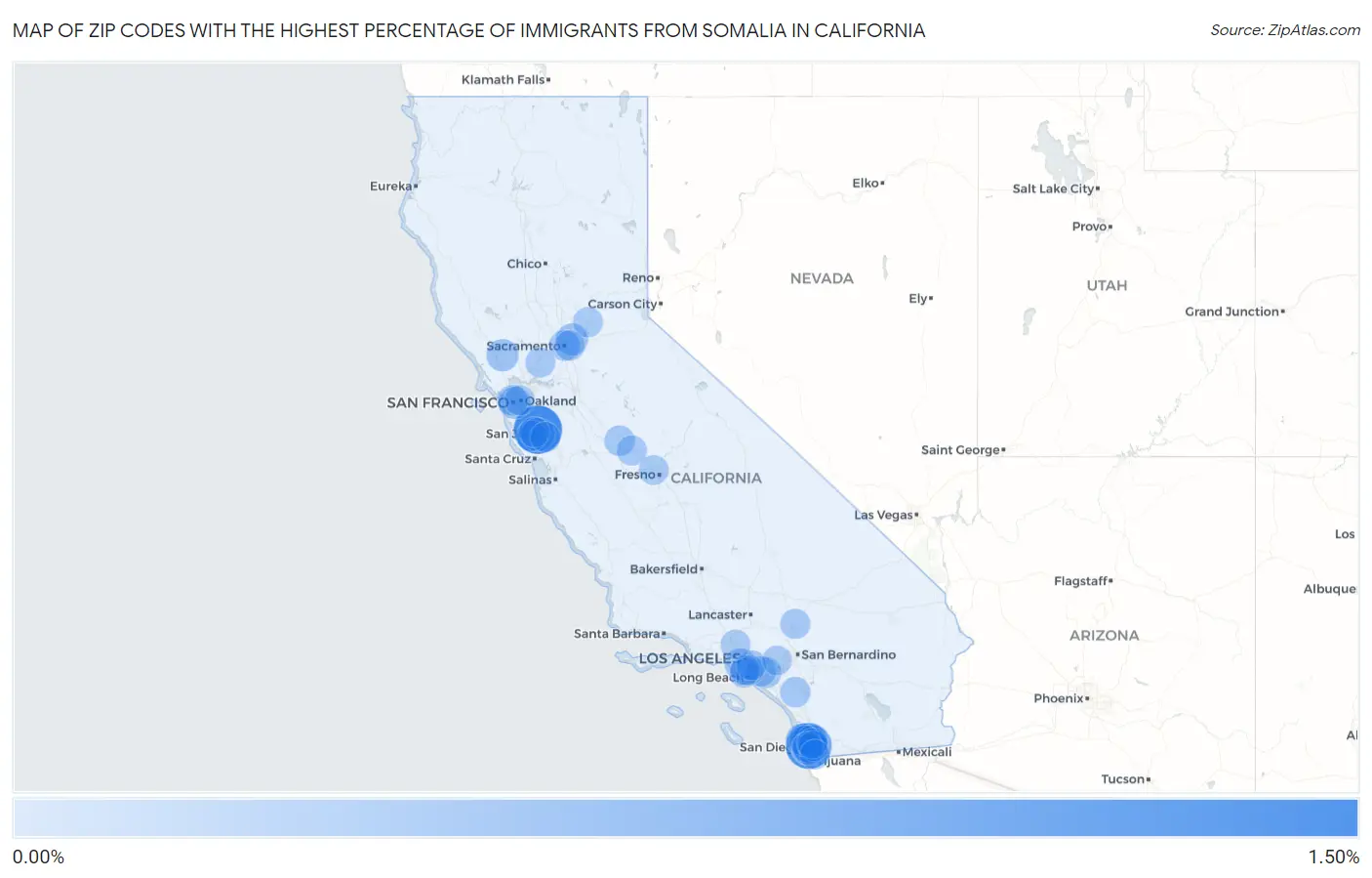 Zip Codes with the Highest Percentage of Immigrants from Somalia in California Map
