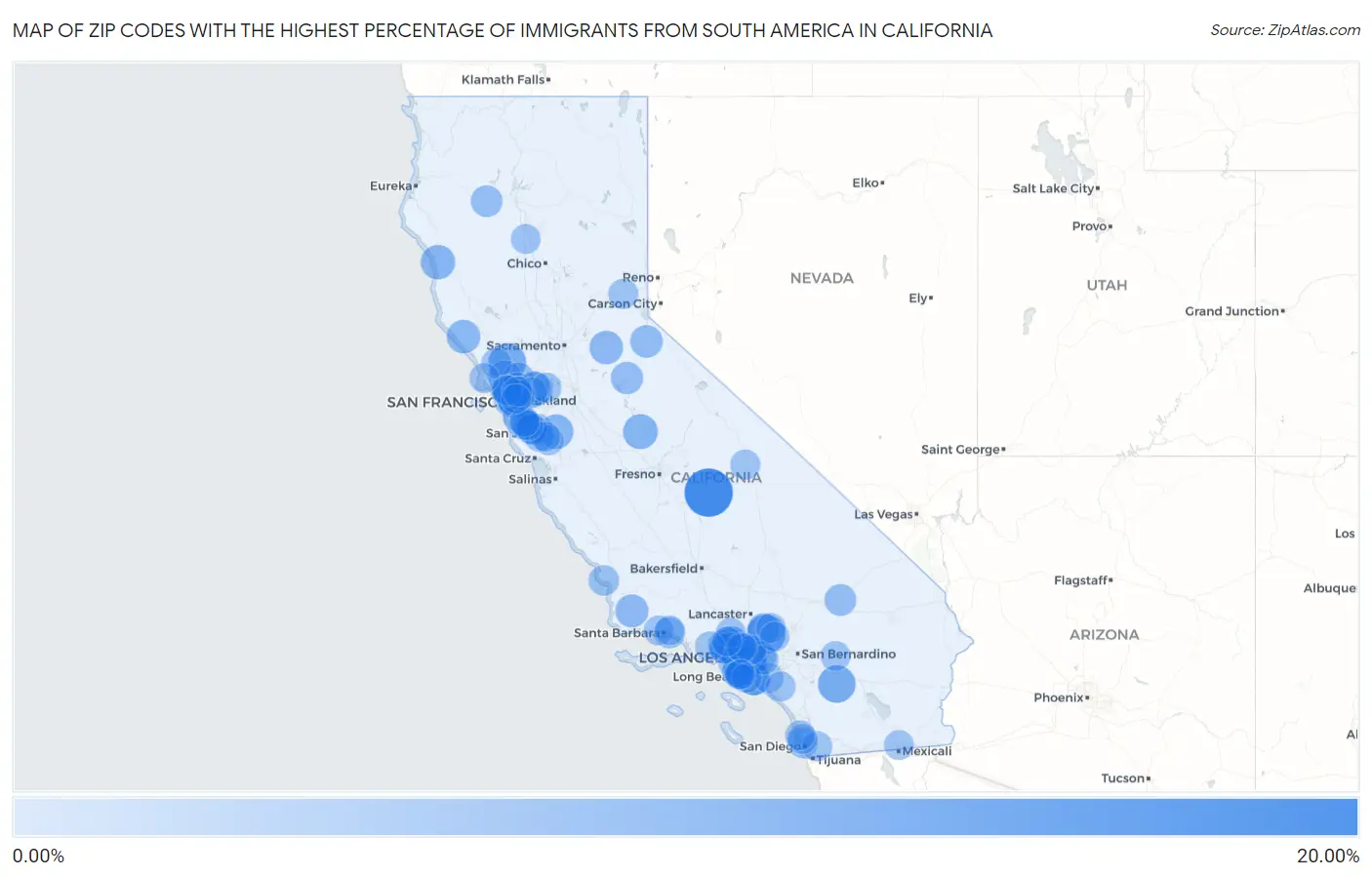 Zip Codes with the Highest Percentage of Immigrants from South America in California Map