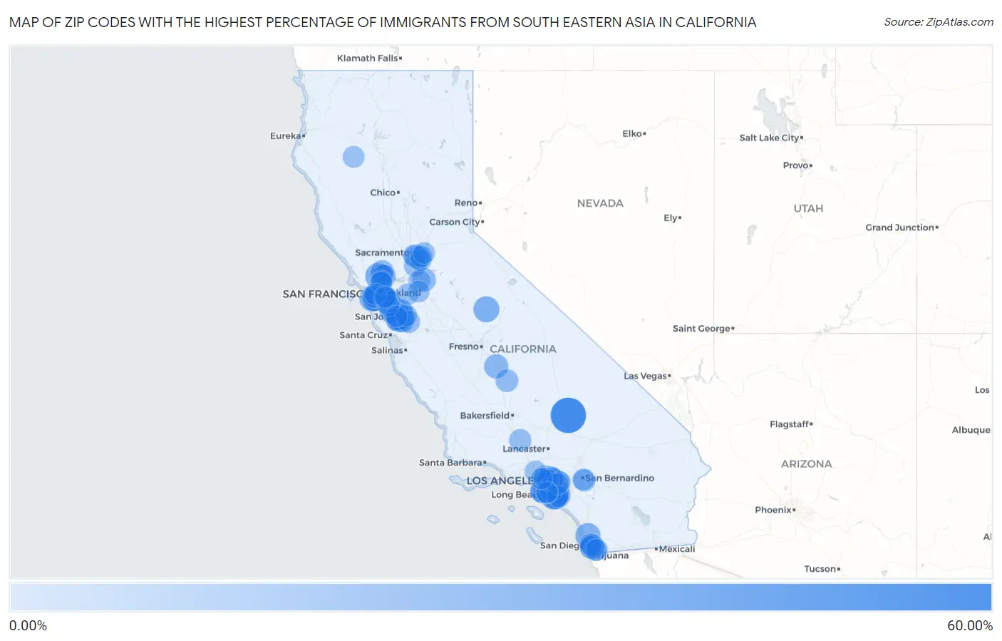 Zip Codes with the Highest Percentage of Immigrants from South Eastern Asia in California Map