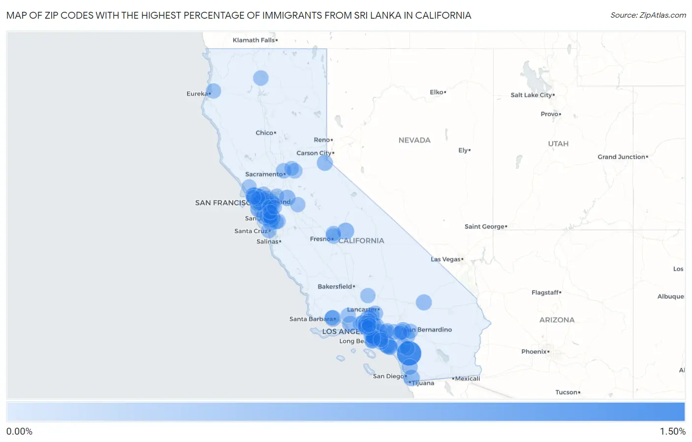 Zip Codes with the Highest Percentage of Immigrants from Sri Lanka in California Map