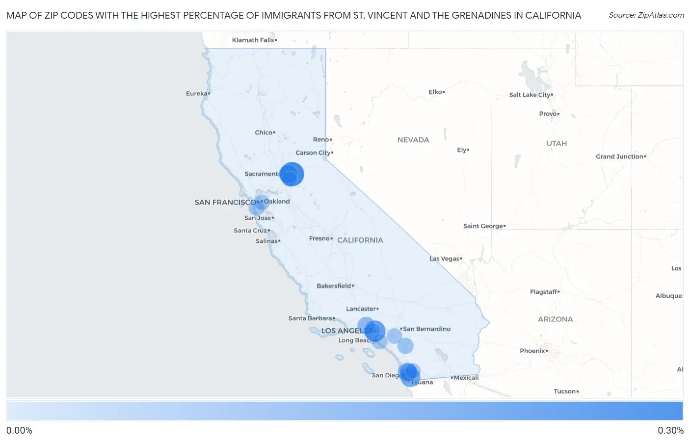 Zip Codes with the Highest Percentage of Immigrants from St. Vincent and the Grenadines in California Map