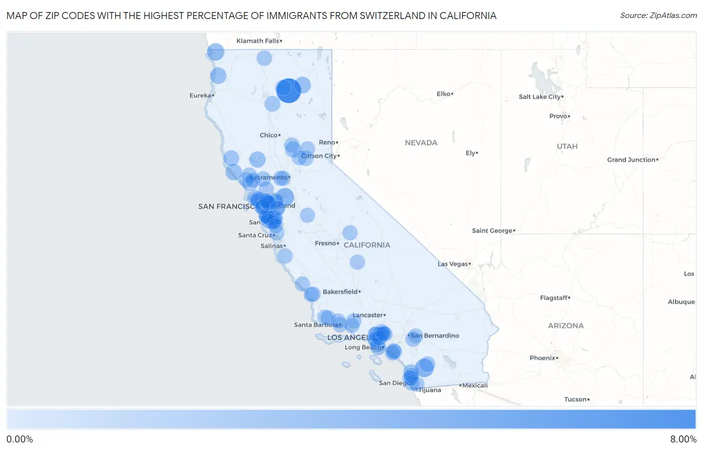 Zip Codes with the Highest Percentage of Immigrants from Switzerland in California Map