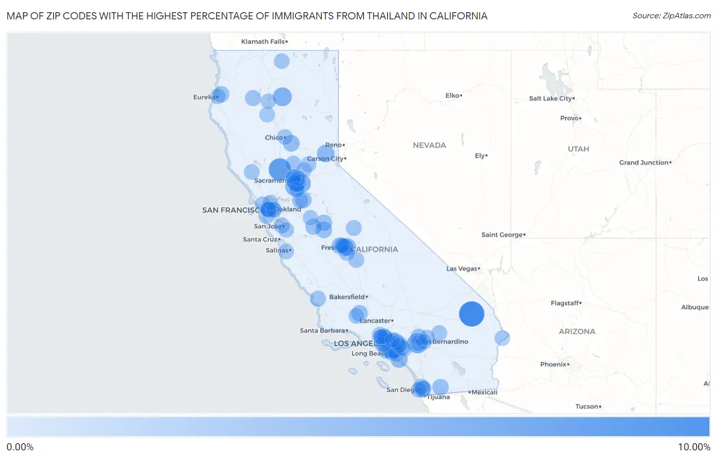 Zip Codes with the Highest Percentage of Immigrants from Thailand in California Map