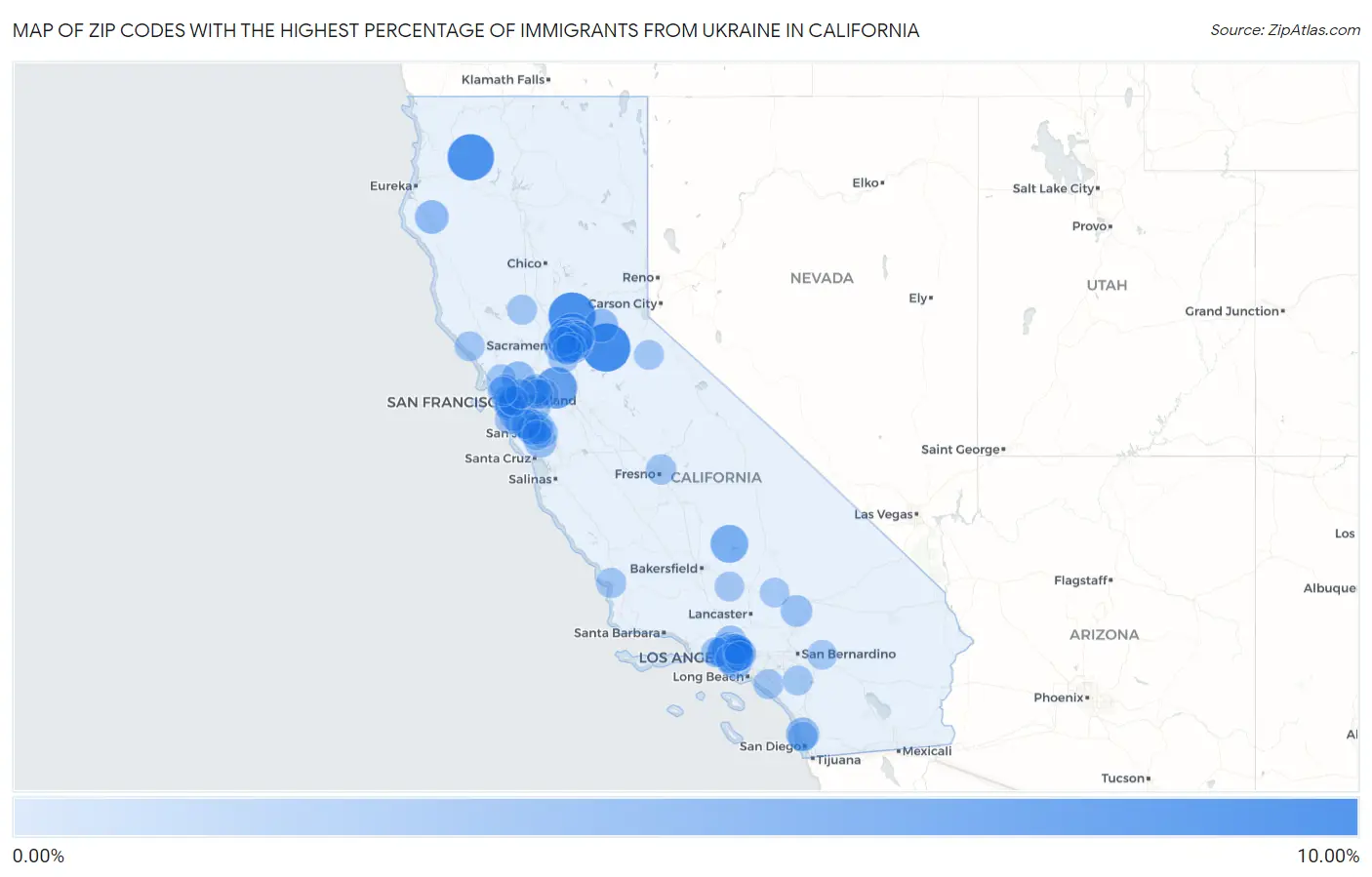Zip Codes with the Highest Percentage of Immigrants from Ukraine in California Map