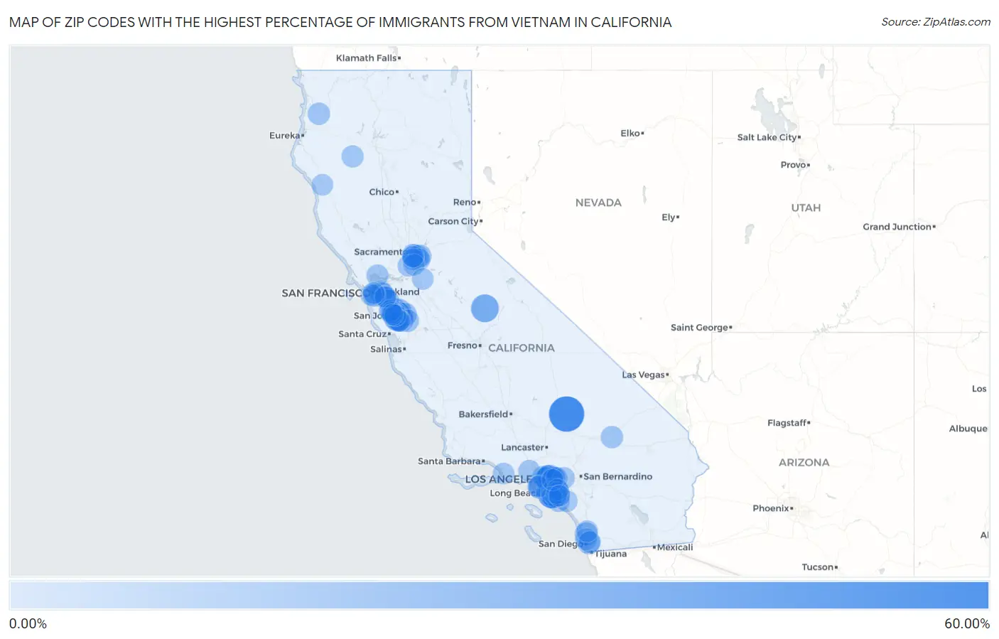 Zip Codes with the Highest Percentage of Immigrants from Vietnam in California Map