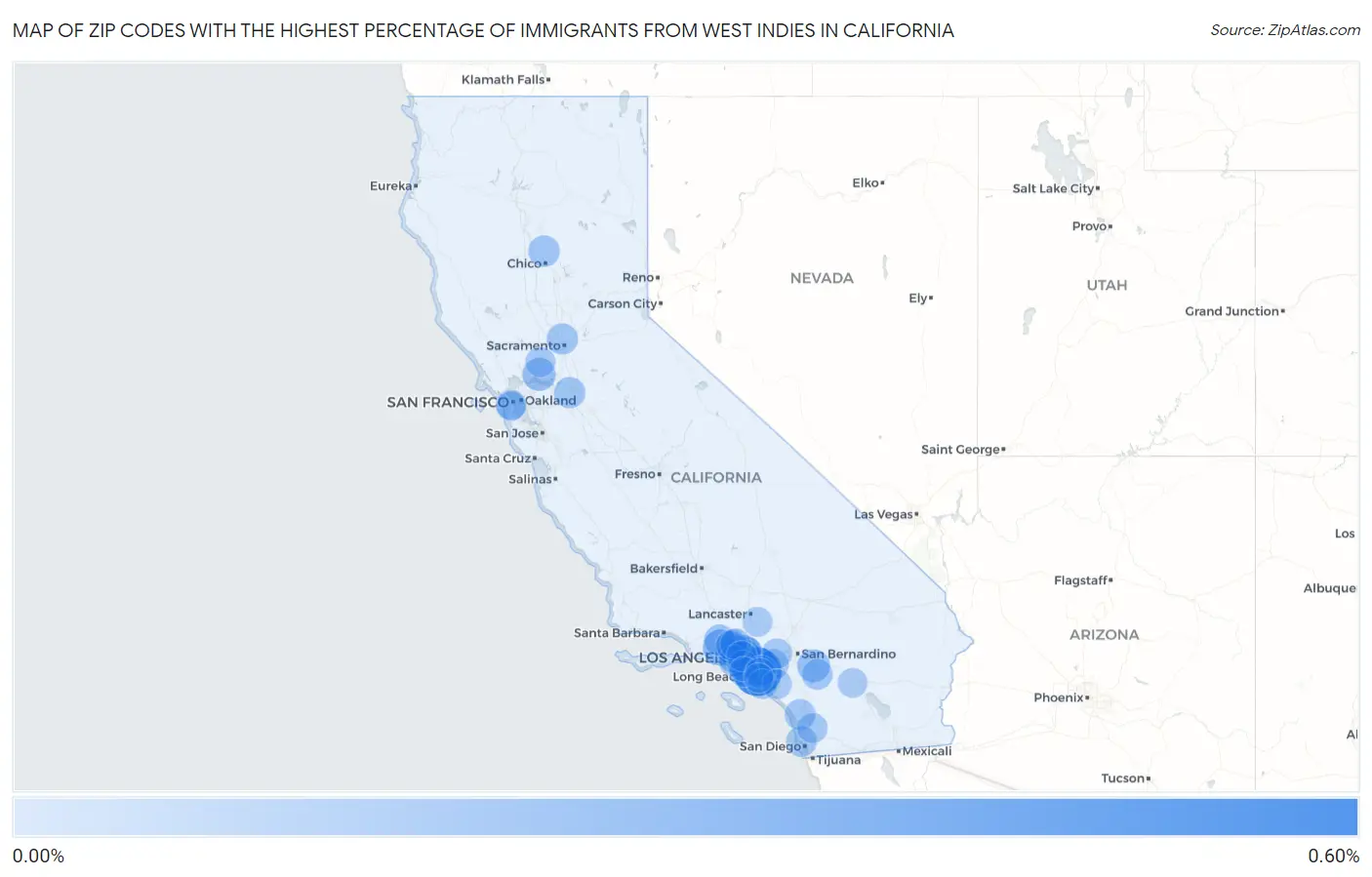 Zip Codes with the Highest Percentage of Immigrants from West Indies in California Map